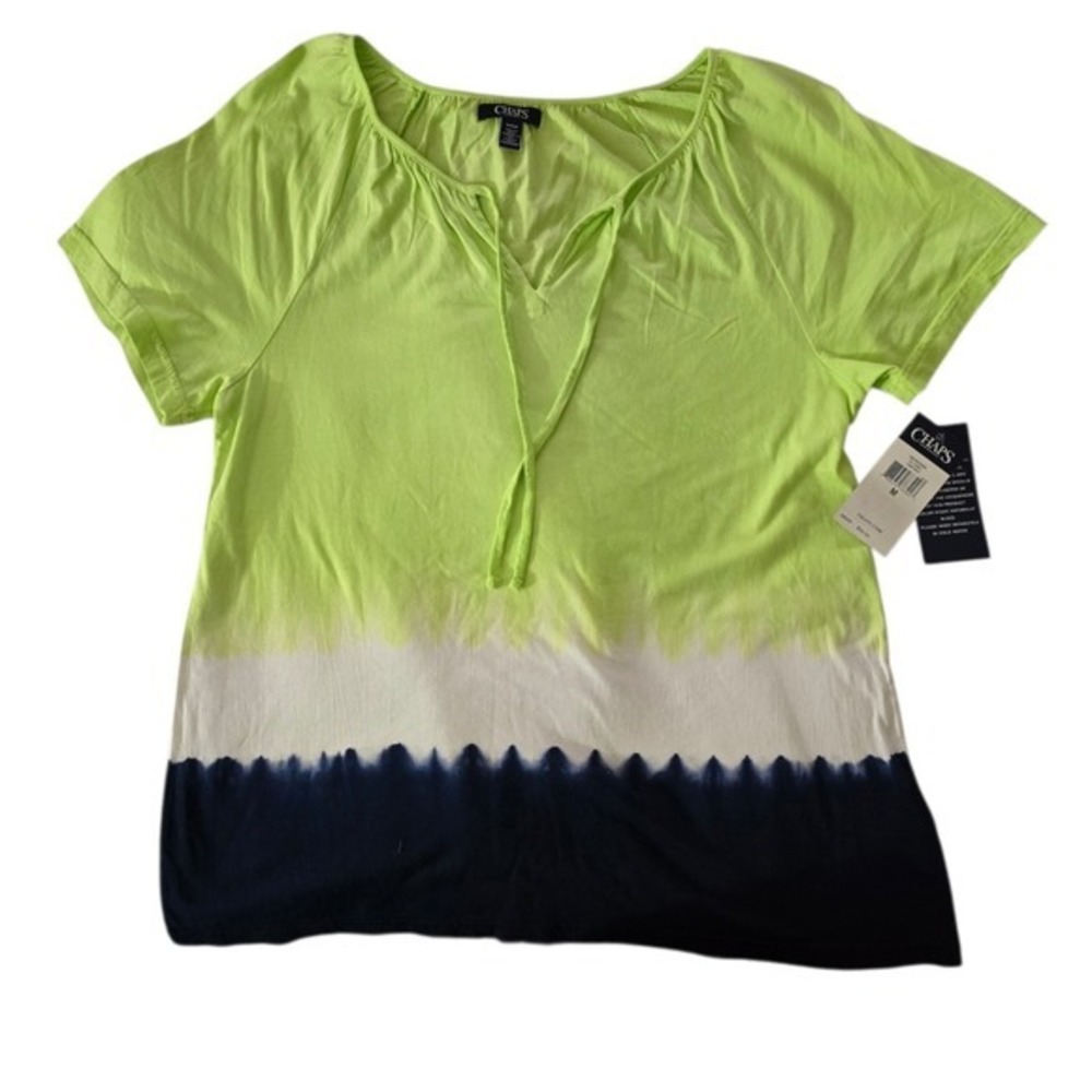 Chaps Denim Womens Lime Green Navy Blue Dip Dye Tie Neck Top Size‎ M NEW